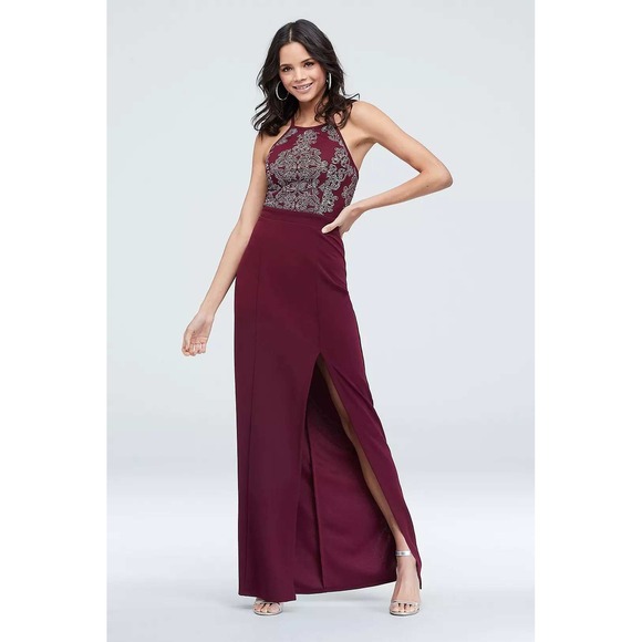 Xraordinary Dresses & Skirts - Xraordinary Burgundy Glitter Damask Halter Gown Side Slit Formal Dress Size 5